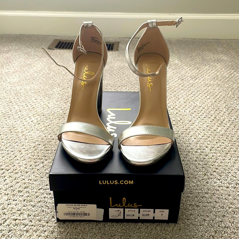 Metallic silver heels with ankle strap
